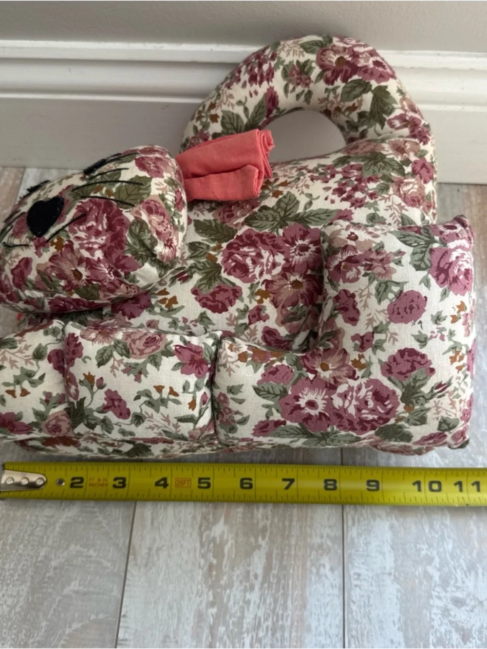 Vintage weighted plush cat shelf sitter pillow country cottage core floral